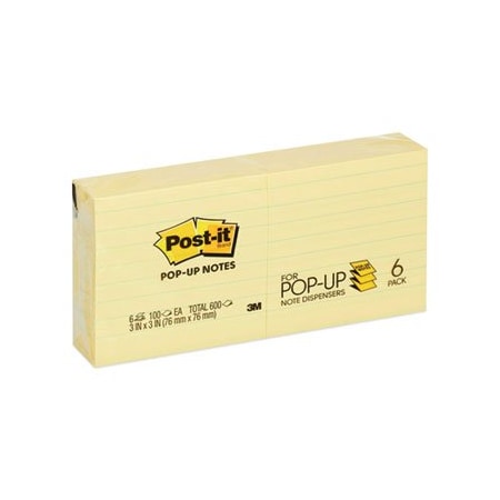 3M Post-it, Original Canary Yellow Pop-Up Refill, Lined, 3 X 3, 6PK R335YW